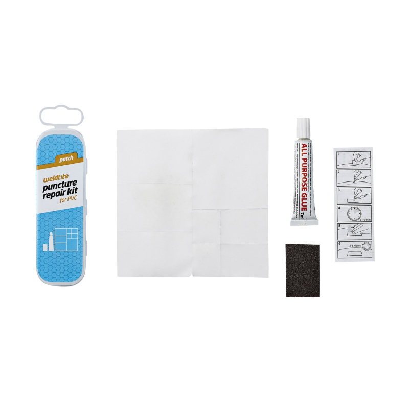 KIT REPARATION CHAMBRE A AIR WELDTITE PATCH PVC - BOITE (8 BANDES PVC PRE-COUPEES + COLLE 5G + PAPIER PONCE) AVEC NOTICE