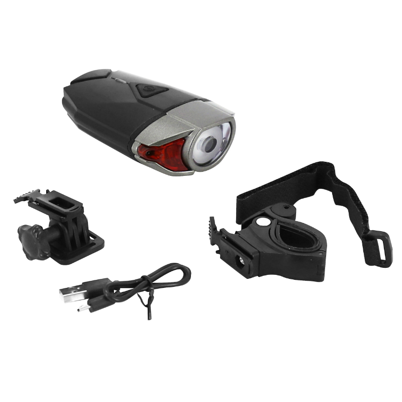 ECLAIRAGE VELO USB AVANT SUR CINTRE 300 LUMENS NOIR-GRIS 3 FONCTIONS 100% - 50% FIXATION CINTRE OU CASQUE