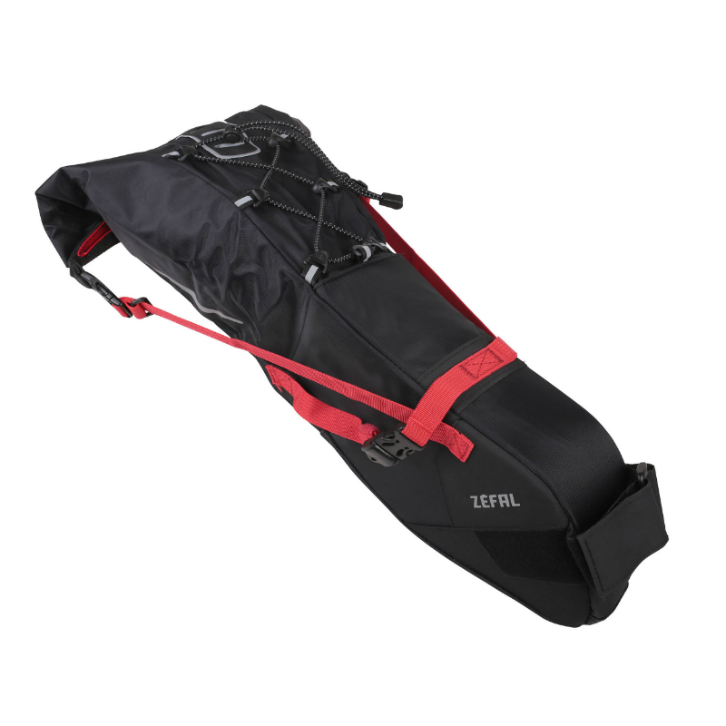 SACOCHE DE SELLE VELO ZEFAL Z ADVENTURE R11 POUR 11L NOIR-ROUGE ETANCHE FIXATION VELCRO ( L 56CM X L 15CM X 17CM) CHARGE MAXI 5KGS