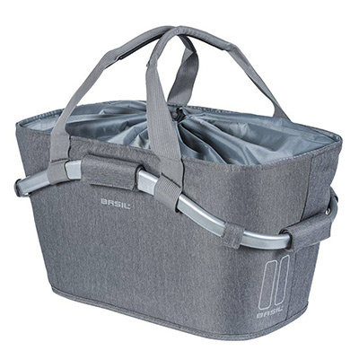 PANIER ARRIERE TOILE BASIL 2DAY 22L GRIS CLAIR AVEC ANSE FIXATION CLIP AUTOMATIQUE SUR PORTE BAGAGE SYSTEME MIK (COMPATIBLE AVEC 157030 INCLUS) - (SI PAS FOURNI SUR LE VELO, AJOUTER 155681)