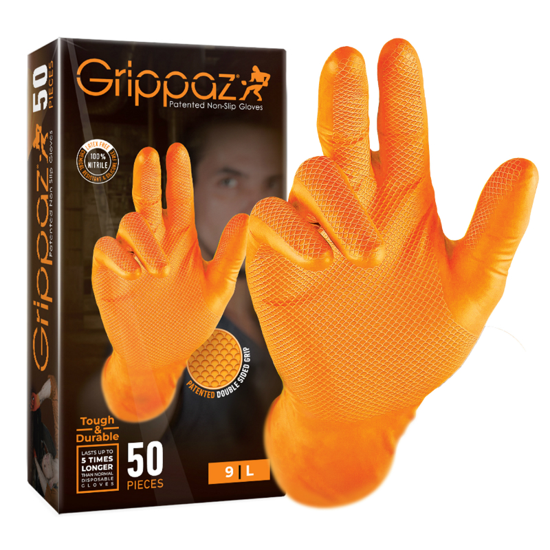 GANTS ATELIER NITRILE ECAILLES DE POISSON RESISTANT AUX PRODUITS CHIMIQUES, AUX HUILES, A L'ESSENCE ORANGE  T10 (XL)  (BOITE DE 50)