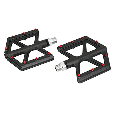 PEDALE VTT PLATEFORME DESCENTE - BMX P2R NOIR ALU-FIBRE DE CARBONE FILETAGE 9-16 AVEC PICOTS ROUGE  (PAIRE)