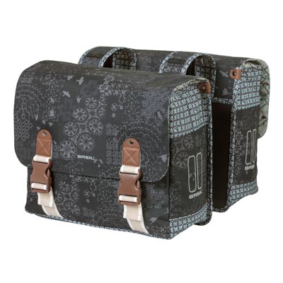 SACOCHE ARRIERE VELO DOUBLE BASIL BOHEME 35L NOIR-CREME FIXATION VELCROS SUR PORTE BAGAGE (37X15X37CM)