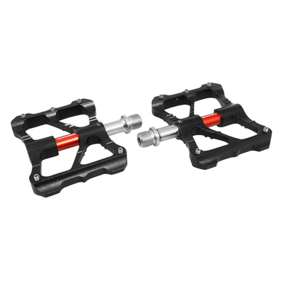 PEDALE VTT PLATEFORME DESCENTE - BMX NEWTON NOIR AXE ROUGE A ROULEMENTS ALU CNC FILETAGE 9-16 AVEC PICOTS ARGENT (PAIRE)