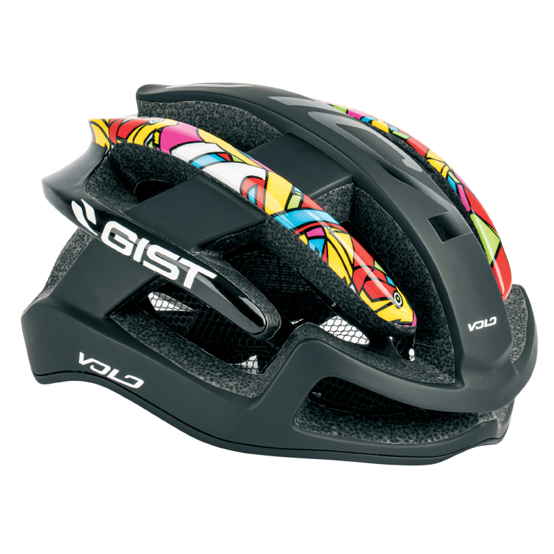 CASQUE VELO ADULTE GIST ROUTE VOLO NOIR MAT-POP ART FULL IN-MOLD TAILLE 52-56 REGLAGE MOLETTE 210GRS