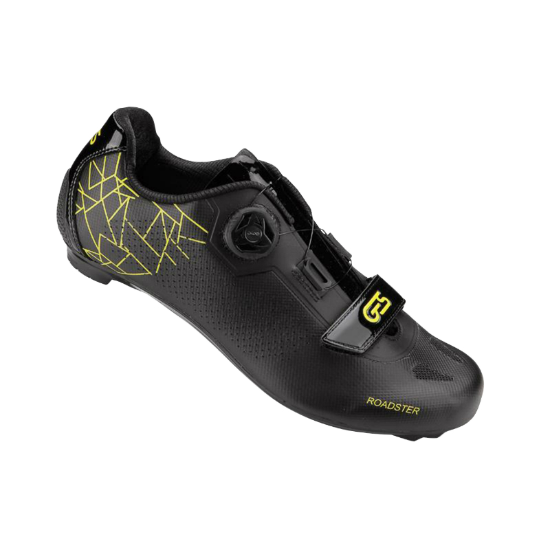 CHAUSSURE ROUTE GES ROADSTER2 NOIR-JAUNE T42 FIXATION MICROCLIP ATOP-VELCRO COMPATIBLE LOOK-SHIMANO (PAIRE)