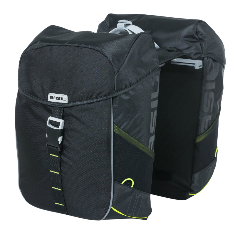 SACOCHE ARRIERE VELO DOUBLE BASIL MILES WATERPROOF 32L NOIR LISERET JAUNE FLUO (PAIRE) (44X14X30CM) - FIXATION SYSTEME MIK (COMPATIBLE AVEC 157030 INCLUS)