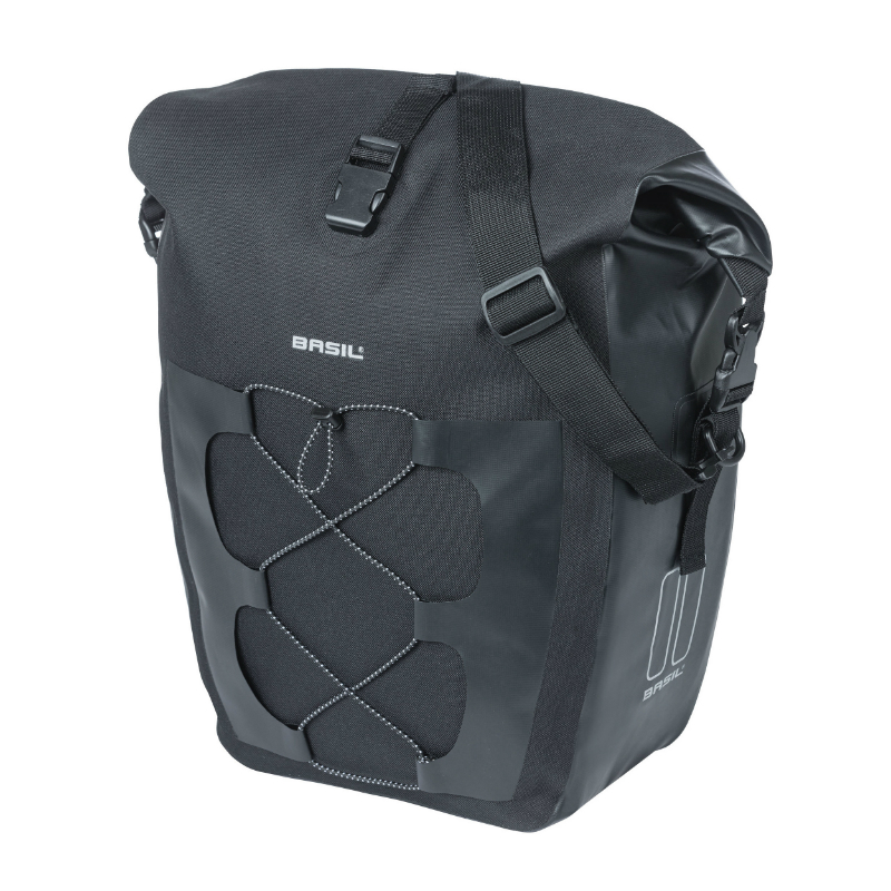 SACOCHE ARRIERE VELO LATERALE BASIL NAVIGATOR CYCLOTOURISTE WATERPROOF 25-31L NOIR FIXATION HOOK ON SUR PORTE BAGAGE (32X15X37CM) AVEC POIGNEE ET BANDOUILLERE FERMETURE ENROULEMENT