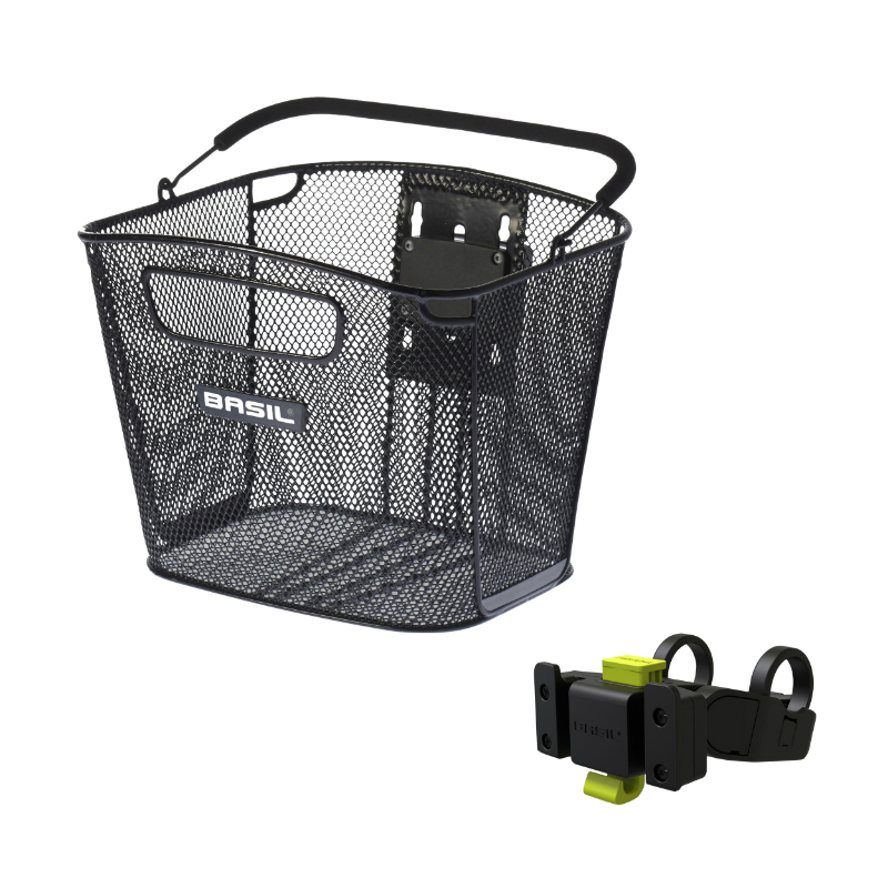 PANIER AVANT ACIER NID ABEILLE BASIL BOLD NOIR  (28X34X26 CM)  -VENDU AVEC FIXATION KLICKFIX SPECIAL VAE - E-BIKE LARGEUR 80MM MINI COMPATIBLE LEADER FOX