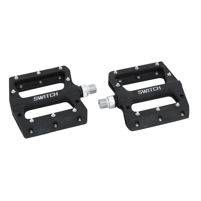 PEDALE VTT PLATEFORME DESCENTE - BMX SWITCH JUMP RESINE NOIR FILETAGE 9-16 AVEC PICOTS ARGENT (PAIRE)