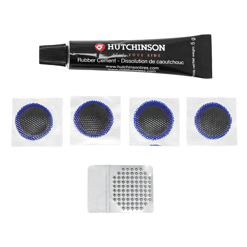 KIT REPARATION PNEU TUBELESS ROUTE HUTCHINSON PAR L'INTERIEUR AVEC RUSTINES - BOITE (COLLE 3G + 4 PATCHS 17MM)