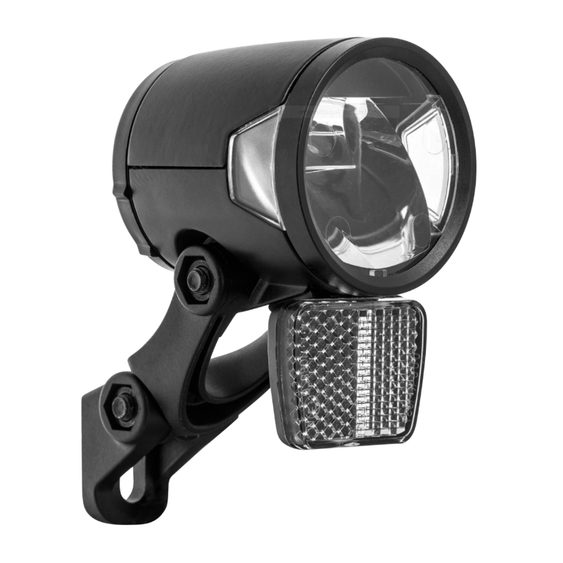 ECLAIRAGE VELO VAE - E-BIKE HERRMANS MR8 180 LUMENS NOIR AVANT SUR FOURCHE ET SUPPORT POTENCE (LIVRE AVEC PATTE) 6-12V  - VENDU EN BOITE