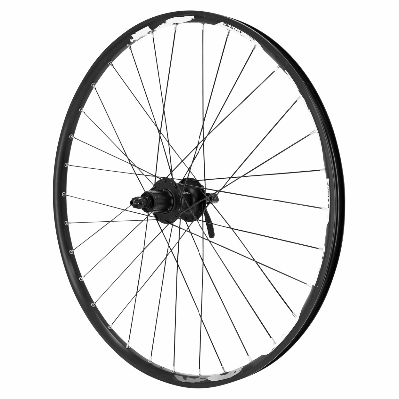 ROUE VTT DISQUE BLOCAGE 26" KARMA ARRIERE NOIR MOYEU SHIMANO M475 DISQUE 6 TROUS CASSETTE 11-10-9-8V NOIR RAYONS NOIRS 32 RAYONS JANTE 21C