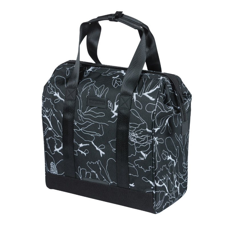 SACOCHE ARRIERE VELO LATERALE BASIL GRAND TARPAULIN SHOPPER NOIR DECO BLANC DROIT-GAUCHE WATERPROOF 23L (34X19X35CM)