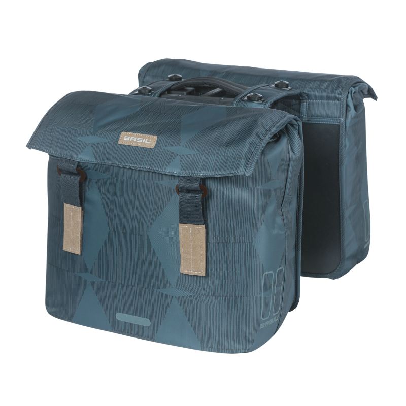 SACOCHE ARRIERE VELO DOUBLE BASIL ELEGANCE 49L BLEU ESTATE FIXATION VELCROS SUR PORTE BAGAGE (49X48X10,5 CM) COMPATIBLE SYSTEME MIK (COMPATIBLE AVEC 157030 INCLUS)