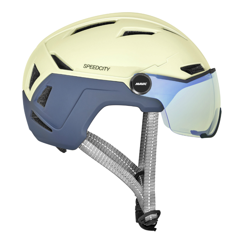 CASQUE VELO ADULTE MAVIC SPEEDCITY CREME-BLEU VISIERE INTEGREE TAILLE 51-56 REGLAGE MOLETTE 370GRS - HOMOLOGUE -