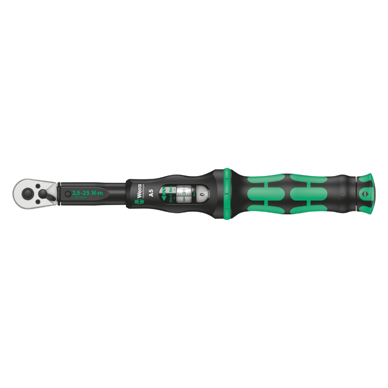 CLE DYNAMOMETRIQUE WERA CLICK TORQUE A5 CARRE 1-4 SERRAGE DE 2,5 A 25 NM NOIR-VERT (DEBRAYABLE) (VENDU A L'UNITE)  -MARQUE ALLEMANDE POUR LES ATELIERS-