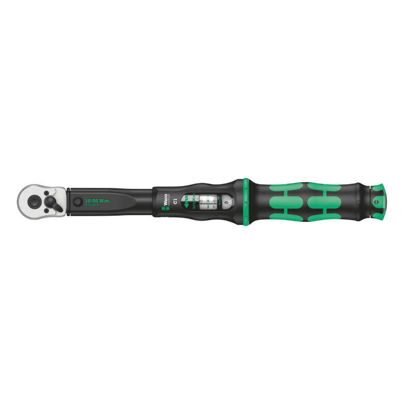 CLE DYNAMOMETRIQUE WERA CLICK TORQUE C1 CARRE 1-2 SERRAGE DE 10 A 50 NM NOIR-VERT (DEBRAYABLE) (VENDU A L'UNITE)  -MARQUE ALLEMANDE POUR LES ATELIERS-