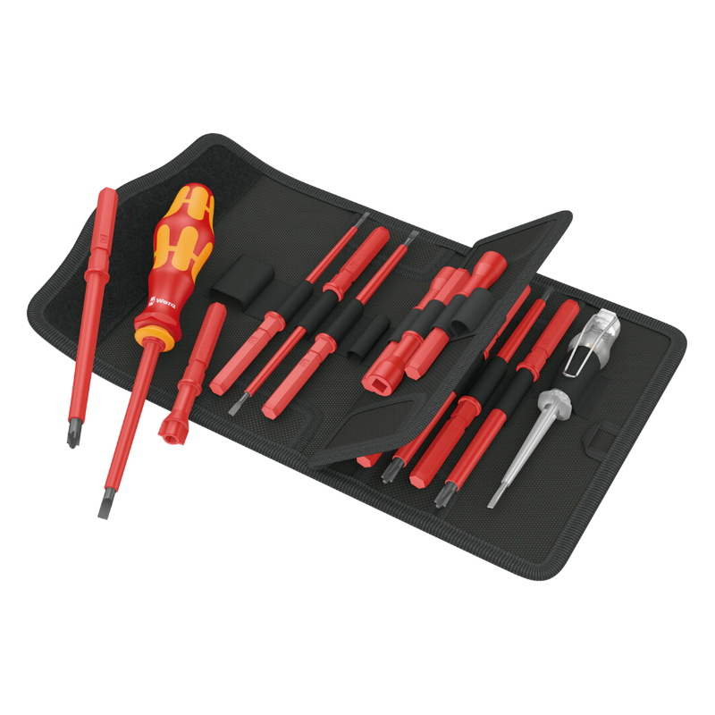 TOURNEVIS ISOLE WERA KOMPAKT VDE EMBOUTS-LAMES INTERCHANGEABLES INCLUS ETUI CEINTURE ET TESTEUR DE PHASE UNIPOLAIRE ROUGE-JAUNE (SET 18 PIECES)  -MARQUE ALLEMANDE POUR LES ATELIERS-