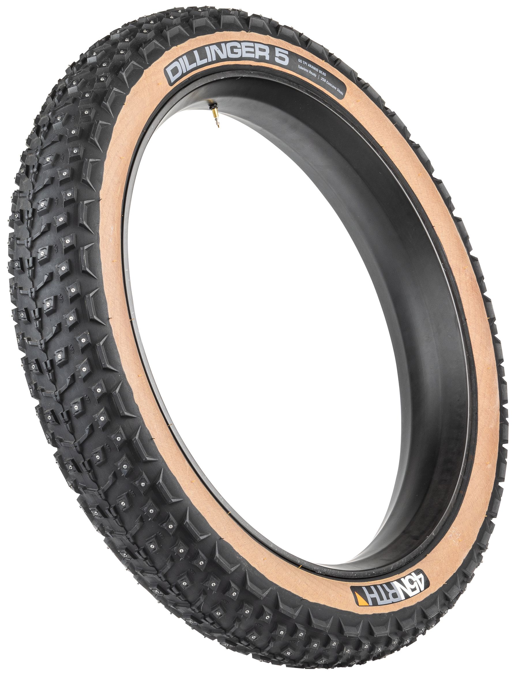 45NRTH DILLINGER 5 FOLDING TIRE, 26X4.6", 116-559, 258 KONKAVE KARBID STUDS, 60TPI, TUBELESS READY 45NRTH DILLINGER 5 FOLDING TIRE, 26X4.6", 116-559, 258 KONKAVE KARBID STUDS, 60TPI, TUBELESS READY