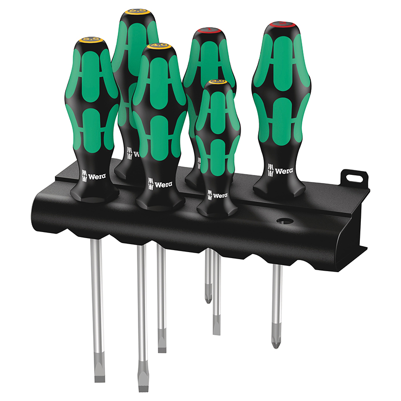 TOURNEVIS WERA 334-6 KRAFTFORM CRUCIFORME (PHILLIP) ET PLAT AVEC RACK DE RANGEMENT NOIR-VERT (SET 6 PIECES) -MARQUE ALLEMANDE POUR LES ATELIERS- TOURNEVIS WERA 334-6 KRAFTFORM CRUCIFORME (PHILLIP) ET PLAT AVEC RACK DE RANGEMENT NOIR-VERT (SET 6 PIECES) -MARQUE ALLEMANDE POUR LES ATELIERS-