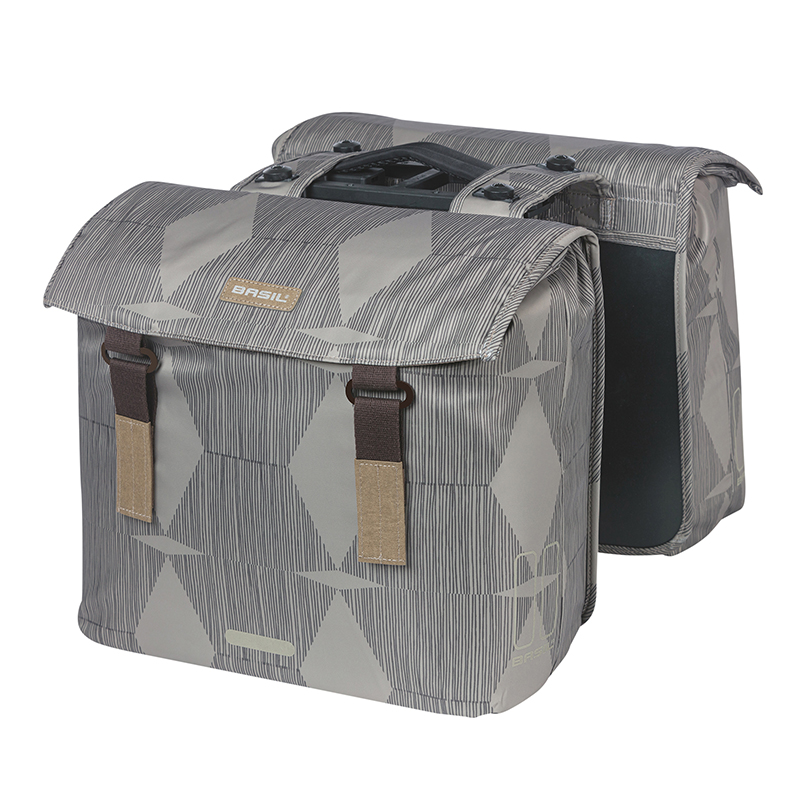 SACOCHE ARRIERE VELO DOUBLE BASIL ELEGANCE 40L TAUPE FIXATION VELCROS SUR PORTE BAGAGE (36X32X16 CM) COMPATIBLE SYSTEME MIK 2.0 (COMPATIBLE AVEC 211726 INCLUS)