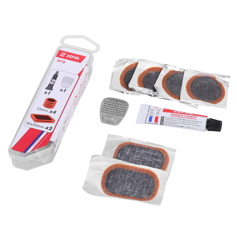 KIT REPARATION PNEU TUBELESS VTT ZEFAL PAR L'INTERIEUR AVEC RUSTINES - BOITE (4 PATCHS 33MM + 2 PATCHS 50X30MM + COLLE 5G + RAPE ACIER) AVEC NOTICE KIT REPARATION PNEU TUBELESS VTT ZEFAL PAR L'INTERIEUR AVEC RUSTINES - BOITE (4 PATCHS 33MM + 2 PATCHS 50X30MM + COLLE 5G + RAPE ACIER) AVEC NOTICE