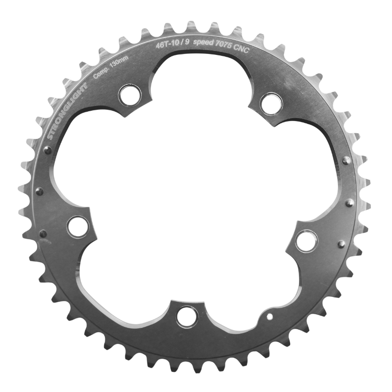 PLATEAU ROUTE 5BRA D.130 STRONGLIGHT 46DTS EXTERIEUR ARGENT ALU 7075 TYPE SHIMANO 9-10V. PLATEAU ROUTE 5BRA D.130 STRONGLIGHT 46DTS EXTERIEUR ARGENT ALU 7075 TYPE SHIMANO 9-10V.