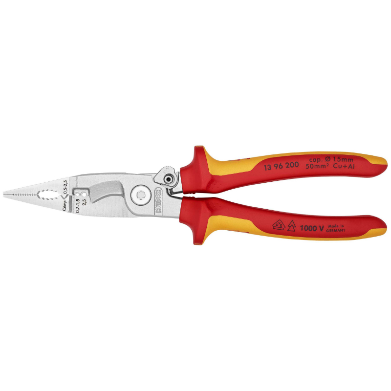 PINCE MULTIFONCTION PRO KNIPEX COMPACT CHROME POUR INSTALLATION ELECTRIQUE POIGNEE ISOLEE CERTIFIEES VDE (6 FONCTIONS) (13 96 200) -MADE IN GERMANY - PINCE MULTIFONCTION PRO KNIPEX COMPACT CHROME POUR INSTALLATION ELECTRIQUE POIGNEE ISOLEE CERTIFIEES VDE (6 FONCTIONS) (13 96 200) -MADE IN GERMANY -