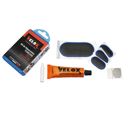 KIT REPARATION PNEU TUBELESS VTT - GRAVEL VELOX PAR L'INTERIEUR AVEC RUSTINES - BOITE (3 PATCHS 32X16MM + 1 PATCH 75X35MM + COLLE 10G + RAPE ACIER) AVEC NOTICE KIT REPARATION PNEU TUBELESS VTT - GRAVEL VELOX PAR L'INTERIEUR AVEC RUSTINES - BOITE (3 PATCHS 32X16MM + 1 PATCH 75X35MM + COLLE 10G + RAPE ACIER) AVEC NOTICE