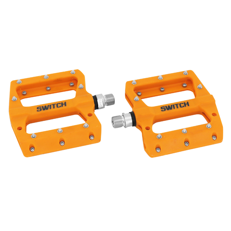 PEDALE VTT PLATEFORME DESCENTE - BMX SWITCH JUMP RESINE ORANGE FILETAGE 9-16 AVEC PICOTS ARGENT (PAIRE) PEDALE VTT PLATEFORME DESCENTE - BMX SWITCH JUMP RESINE ORANGE FILETAGE 9-16 AVEC PICOTS ARGENT (PAIRE)