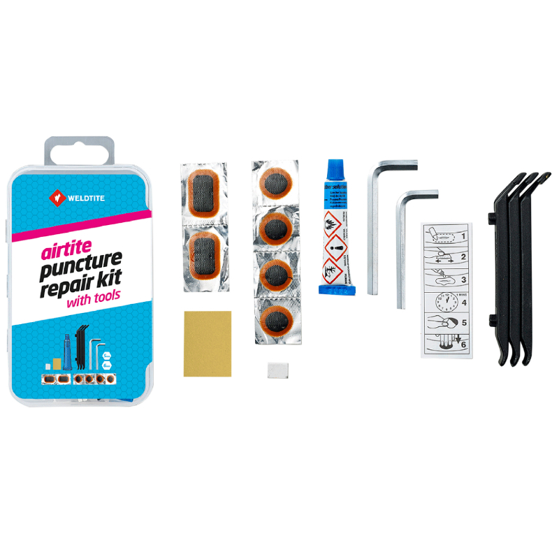 KIT REPARATION CHAMBRE A AIR WELDTITE VTT AVEC OUTILS - BOITE (4 PATCHS 18MM + 2 PATCHS 28X18MM + COLLE 5G + PAPIER PONCE + CRAIE + 3 DEMONTES PNEUS + 2 CLES ALLEN 5 ET 6 MM) AVEC NOTICE KIT REPARATION CHAMBRE A AIR WELDTITE VTT AVEC OUTILS - BOITE (4 PATCHS 18MM + 2 PATCHS 28X18MM + COLLE 5G + PAPIER PONCE + CRAIE + 3 DEMONTES PNEUS + 2 CLES ALLEN 5 ET 6 MM) AVEC NOTICE