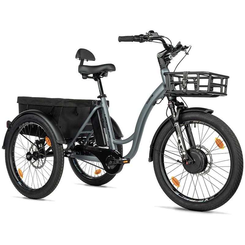 TRICYCLE ELECTRIQUE-VAE CITY LEADER FOX 24" CURTIS X 2025 MIXTE GRIS MAT 8V SHIMANO NEXUS MOTEUR ROUE AV BAFANG 36V 45NM BATTERIE 16,7AH (LARGEUR HORS TOUT 75CM, DEBATTEMENT 50MM) -HOUSSE ANTI PLUIE-