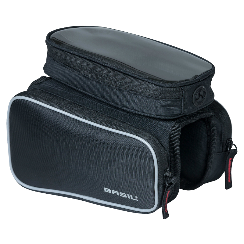 SACOCHE DE CADRE VELO BASIL DESIGN NOIR FIXATION VELCRO 1.5L AVEC 2 COMPARTIMENTS LATERAUX SACOCHE DE CADRE VELO BASIL DESIGN NOIR FIXATION VELCRO 1.5L AVEC 2 COMPARTIMENTS LATERAUX