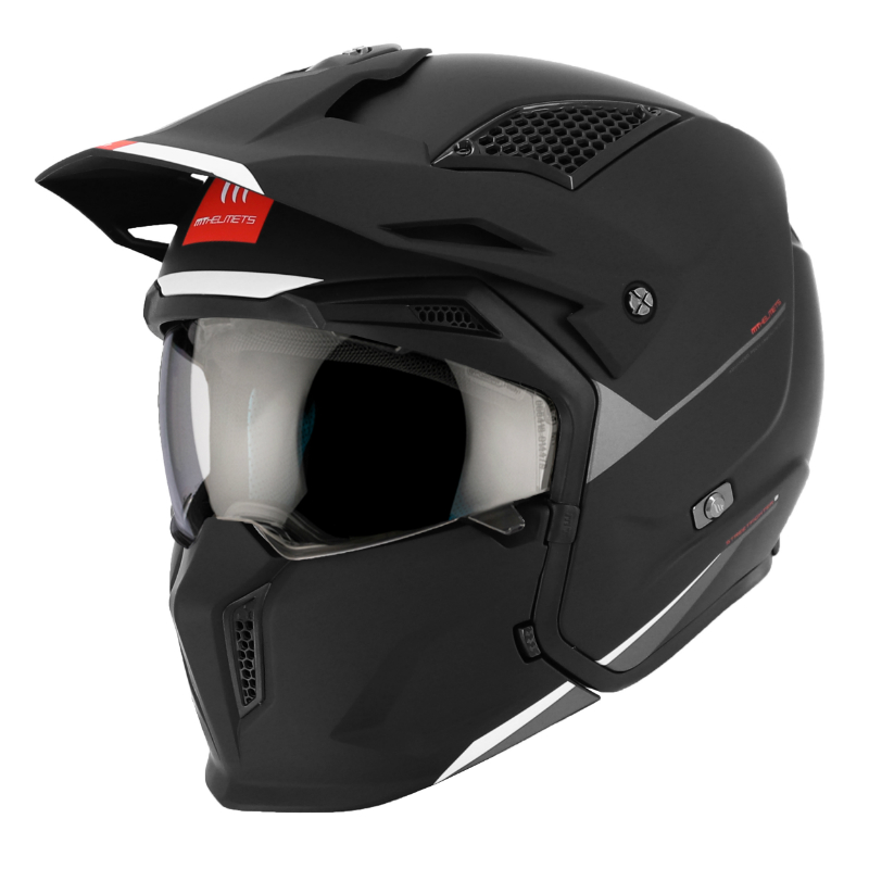 CASQUE TRIAL MT STREETFIGHTER SV UNI NOIR MAT   S  SIMPLE ECRAN TRANSPARENT TRANSFORMABLE AVEC MENTONNIERE AMOVIBLE (LIVRE AVEC UN ECRAN SUPPLEMENTAIRE MIROIR) (ECE 22.06)