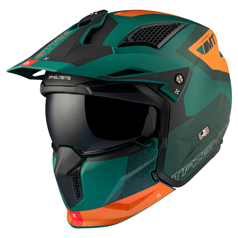 CASQUE TRIAL MT STREETFIGHTER SV S TOTEM C6 VERT-ORANGE MAT    XS  SIMPLE ECRAN TRANSPARENT TRANSFORMABLE AVEC MENTONNIERE AMOVIBLE (LIVRE AVEC UN ECRAN SUPPLEMENTAIRE DARK) (ECE 22.06)