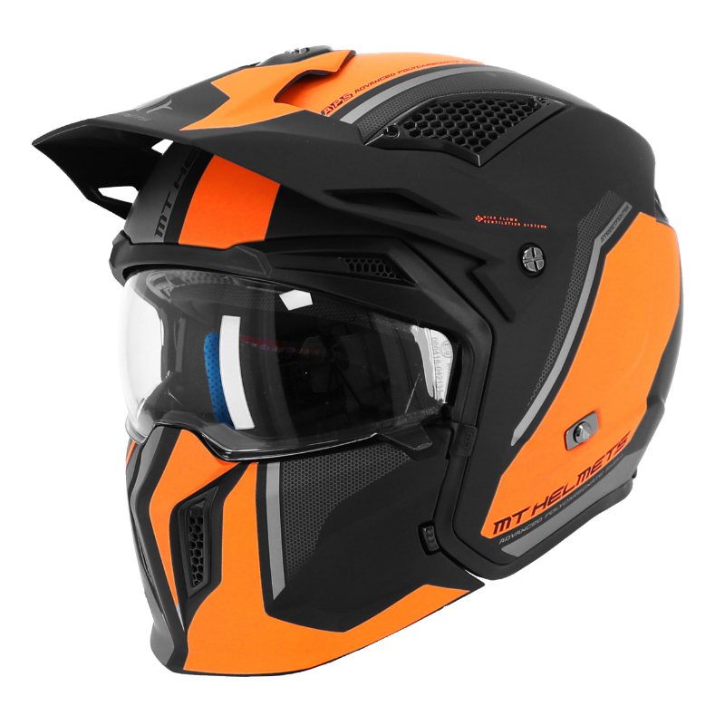 CASQUE TRIAL MT STREETFIGHTER SV S TWIN C4 NOIR MAT-ORANGE FLUO    XS  SIMPLE ECRAN TRANSPARENT TRANSFORMABLE AVEC MENTONNIERE AMOVIBLE (LIVRE AVEC UN ECRAN SUPPLEMENTAIRE MIROIR) (ECE 22.06)