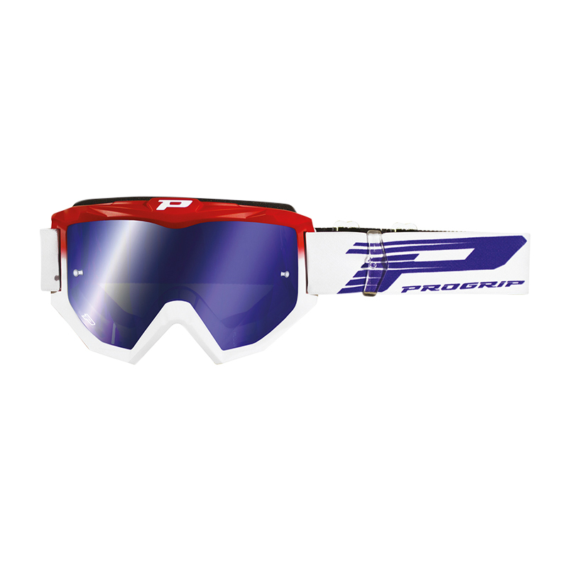 MASQUE-LUNETTES CROSS PROGRIP 3201 FL ATZAKI MULTILAYERED ROUGE-BLANC ECRAN MIROIR BLEU ANTI-RAYURES-ANTI U.V. COMPATIBLE AVEC PORT LUNETTES DE VUE (HOMOLOGUE CE-EN AC-12072 REV.1)