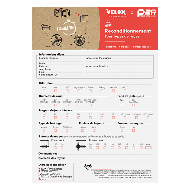 FORFAIT VELOX REMONTAGE POUR ROUE CASSEE - REMONTAGE - MONTAGE A PARTIR DU MOYEU ORIGINE EXPEDIE (TRANSPORT RETOUR INCLUS)   *VOIR PROCEDURE DANS ARGUMENTAIRE