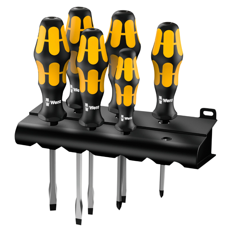 TOURNEVIS BURIN WERA 932 S6 KRAFTFORM CRUCIFORME (PHILLIP) ET PLAT AVEC RACK DE RANGEMENT NOIR-JAUNE (SET 6 PIECES)  -MARQUE ALLEMANDE POUR LES ATELIERS-