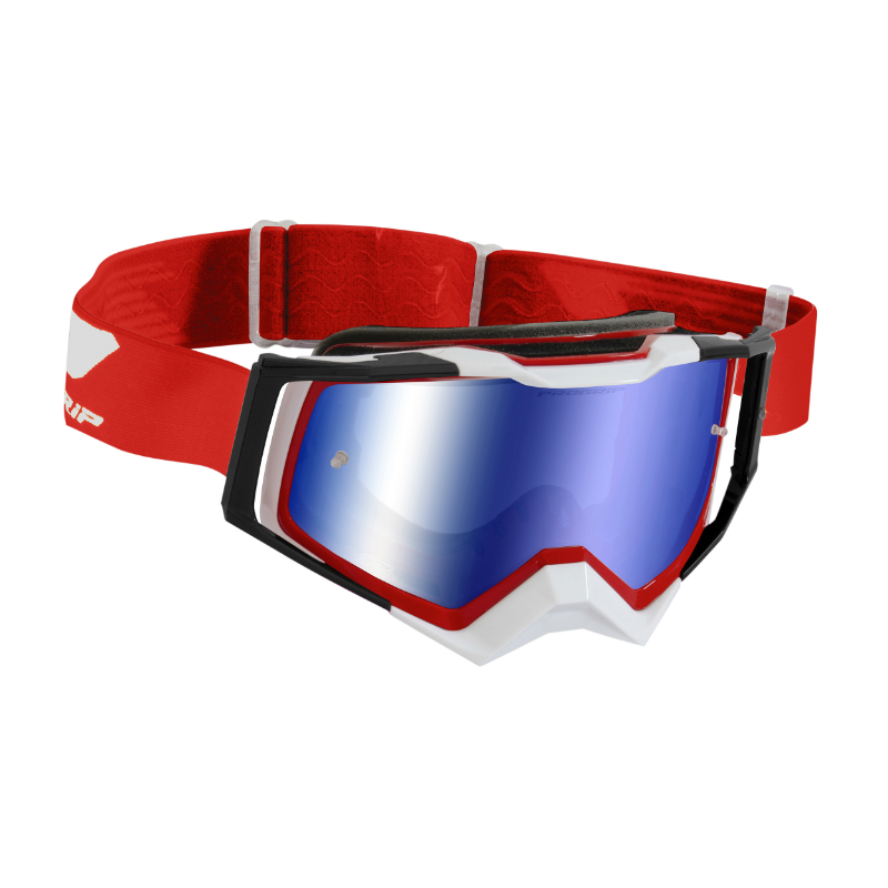 MASQUE-LUNETTES CROSS PROGRIP 3309 FL RAPID MULTILAYERED ROUGE-BLANC-NOIR ECRAN MIROIR BLEU ANTI-RAYURES-ANTI U.V.-ANTI-BUEE (HOMOLOGUE CE-EN-N° AC-96025 REV.2)