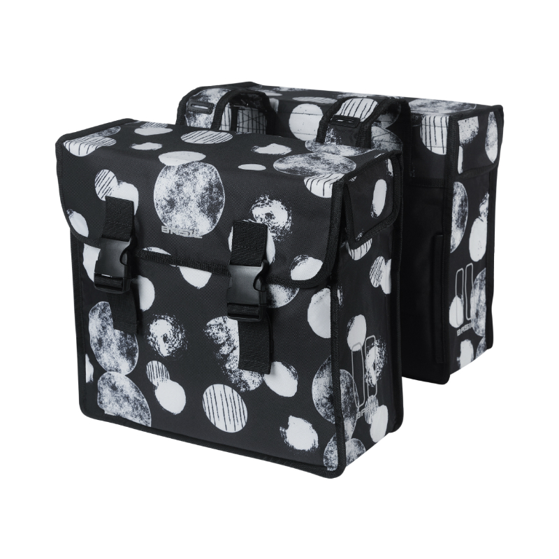 SACOCHE ARRIERE VELO DOUBLE BASIL MARA XL 35L NOIR AVEC MOTIFS BLANCS (43X14X36CM)