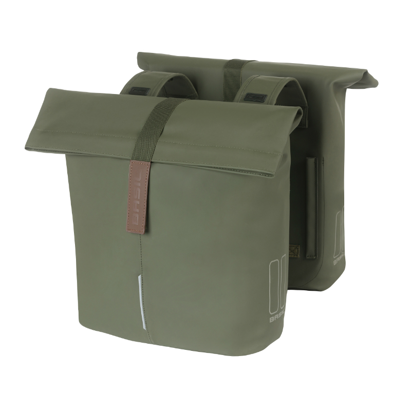 SACOCHE ARRIERE VELO DOUBLE BASIL VEGAN VERT IMITATION CUIR 28-32L FIXATION UNIVERSELLE PORTE BAGAGE FERMETURE PLIANT ANTI-PLUIE AVEC REFLECHISSANT