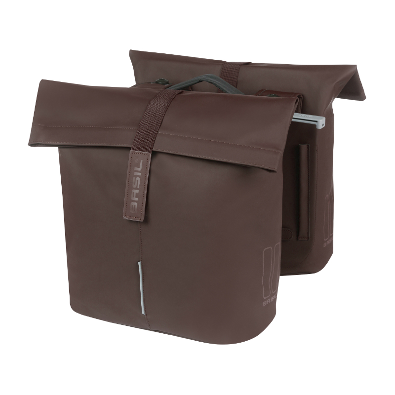 SACOCHE ARRIERE VELO DOUBLE BASIL VEGAN MARRON IMITATION CUIR 28-32L FIXATION PORTE BAGAGE FERMETURE PLIANT ANTI-PLUIE AVEC REFLECHISSANT FIXATION SYSTEME MIK (COMPATIBLE AVEC 157030 INCLUS)