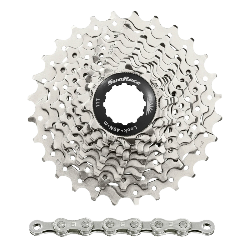 CASSETTE ET CHAINE (PACK) 10V. SUNRACE RS1 11-28 ROUTE POUR SHIMANO (NIVEAU 105) METALLIC ARGENT ET CHAINE CN10A 116 MAILLONS (LIVRE EN BOITE) (11-12-13-14-15-17-19-21-24-28)