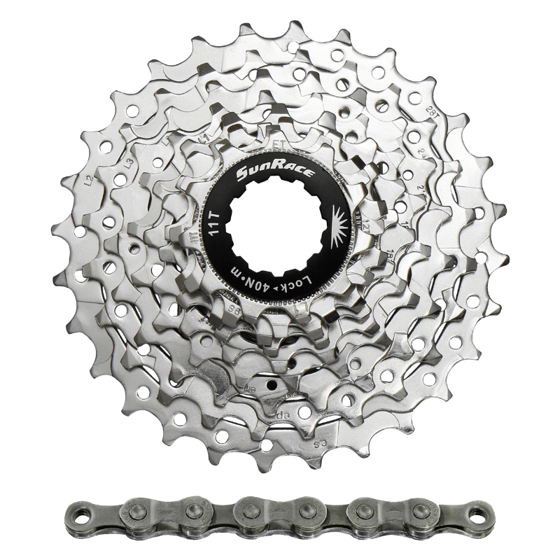 CASSETTE ET CHAINE (PACK)  9V. SUNRACE R91 11-28 ROUTE POUR SHIMANO NICKEL AVEC CHAINE CNM94 116 MAILLONS (LIVRE EN BOITE)    (11,12,13,14,16,18,21,24,28)