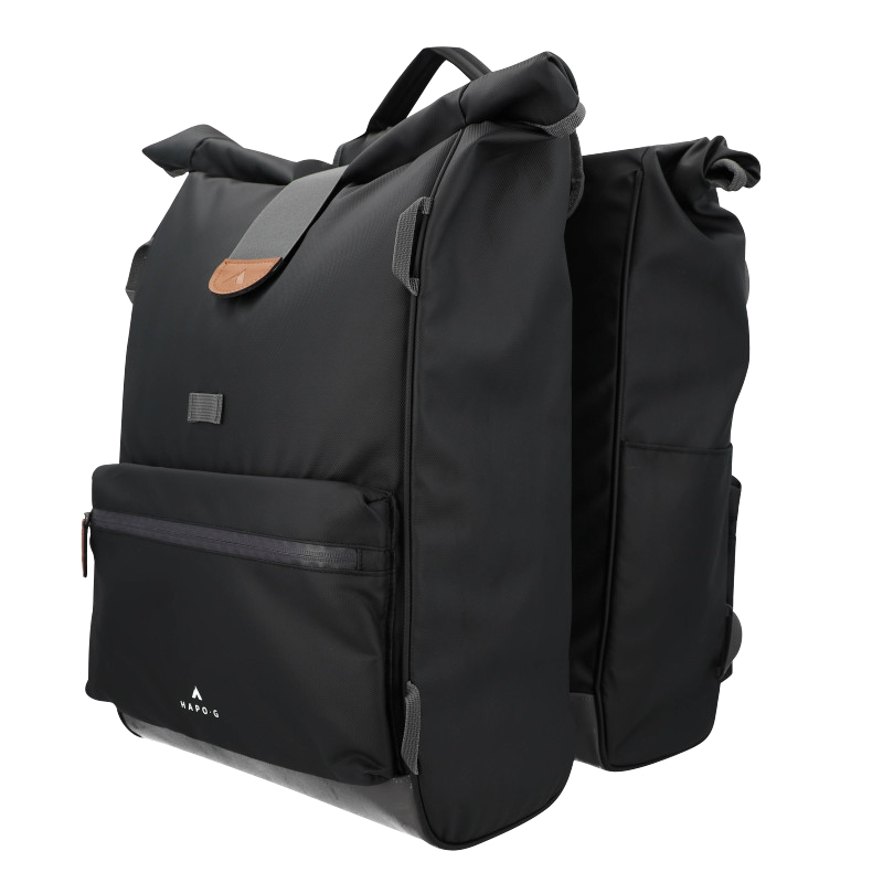 SACOCHE ARRIERE VELO DOUBLE HAPO.G ROLL-TOP 2X25L NOIR (61X33X16CM) - FIXATION SANGLES REGLABLES ET VELCROS SUR PORTE BAGAGE