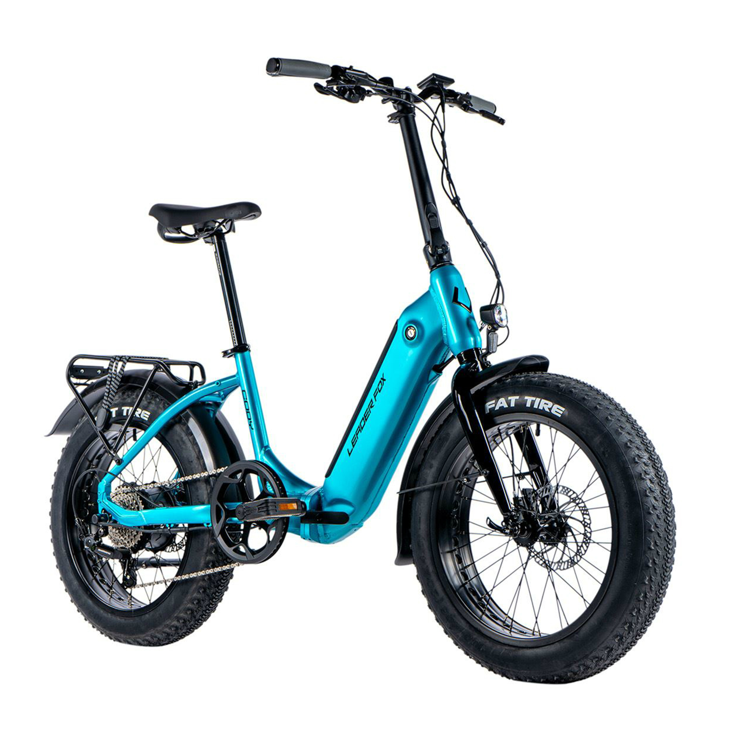 VELO ELECTRIQUE-VAE PLIANT FAT BIKE 20 LEADER FOX CODY MIXTE BLEU CLAIR 7V MOTEUR ROUE AR BAFANG 36V 80NM BATTERIE 16AH