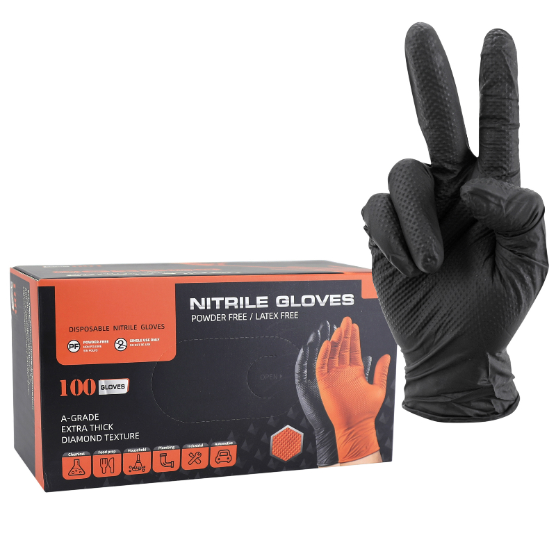 GANTS ATELIER NITRILE DIAMOND TEXTURE TYPE ECAILLES DE POISSON RESISTANT AUX PRODUITS CHIMIQUES, AUX HUILES, A L'ESSENCE NOIR HOMOLOGUE CE   T7 (S)  (BOITE DE 100)