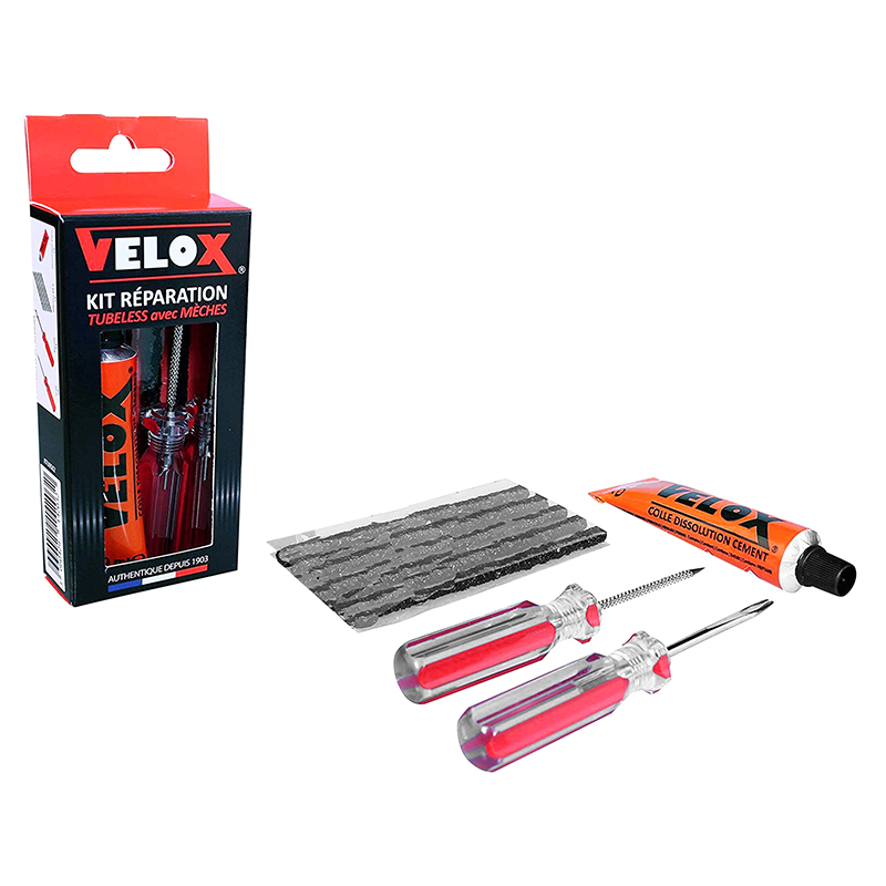 KIT REPARATION PNEU TUBELESS VTT VELOX PAR L'EXTERIEUR AVEC MECHES - BOITE (5 MECHES D4.5XL50MM + DISSOLUTION + VRILLE + OUTIL AIGUILLE) (OFFRE SPECIALE)